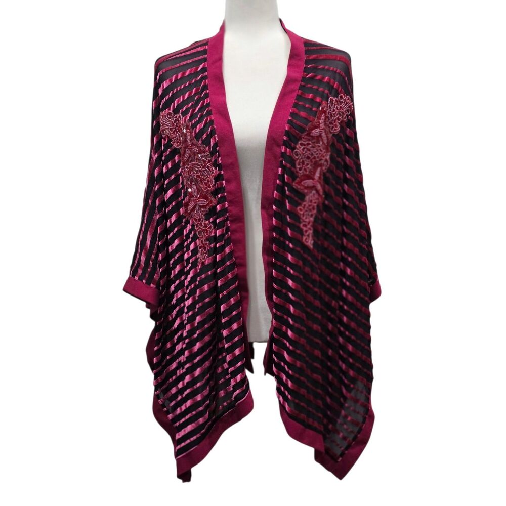 Colleen Lopez Velvet Burnout Beaded Kimono Wrap Burgundy Black One Size
